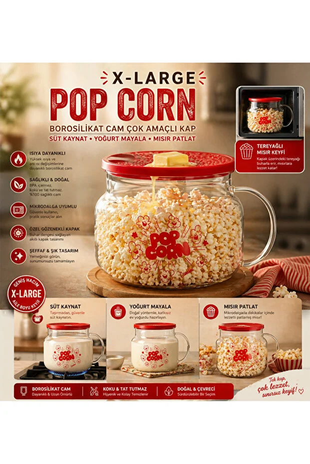 Cam Borosilikat X-Large Çok Amaçlı Popcorn & Yoğurt Kabı Cam Borosilikat X-Large Çok Amaçlı Popcorn & Yoğurt Kabı